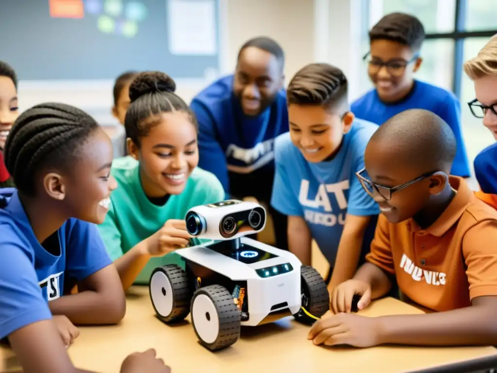 Estudiantes diversos colaboran en programación de robots, rodeados de kits, laptops y pósters educativos