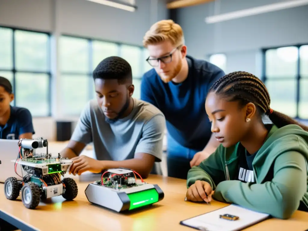 Estudiantes colaborando en proyecto de robótica en aula moderna