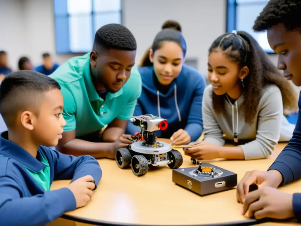 Estudiantes colaborando en proyecto de robótica Estudiantes colaborando en proyecto de robótica, mostrando integración de la robótica en educación