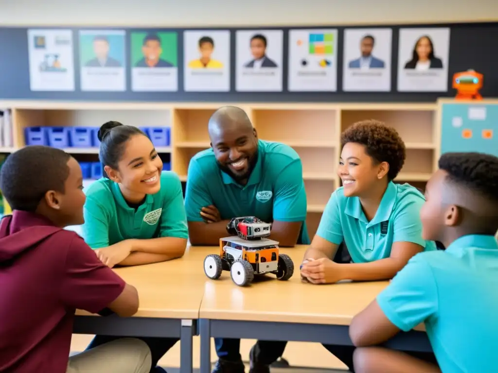 Estudiantes colaborando en proyecto de robótica educativa en aula moderna, impacto en enseñanza y aprendizaje, trabajo en equipo