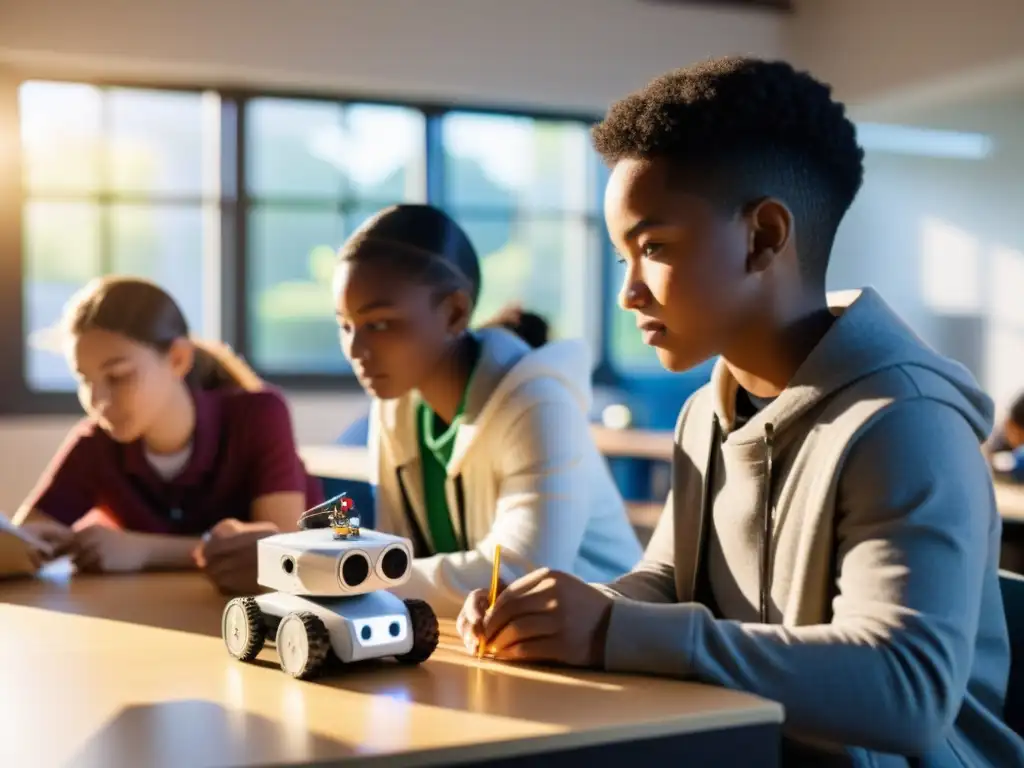 Jóvenes creando robots en un aula moderna Estudiantes colaborando en proyecto de robótica educativa tecnologías emergentes en aula moderna, iluminada por luz solar