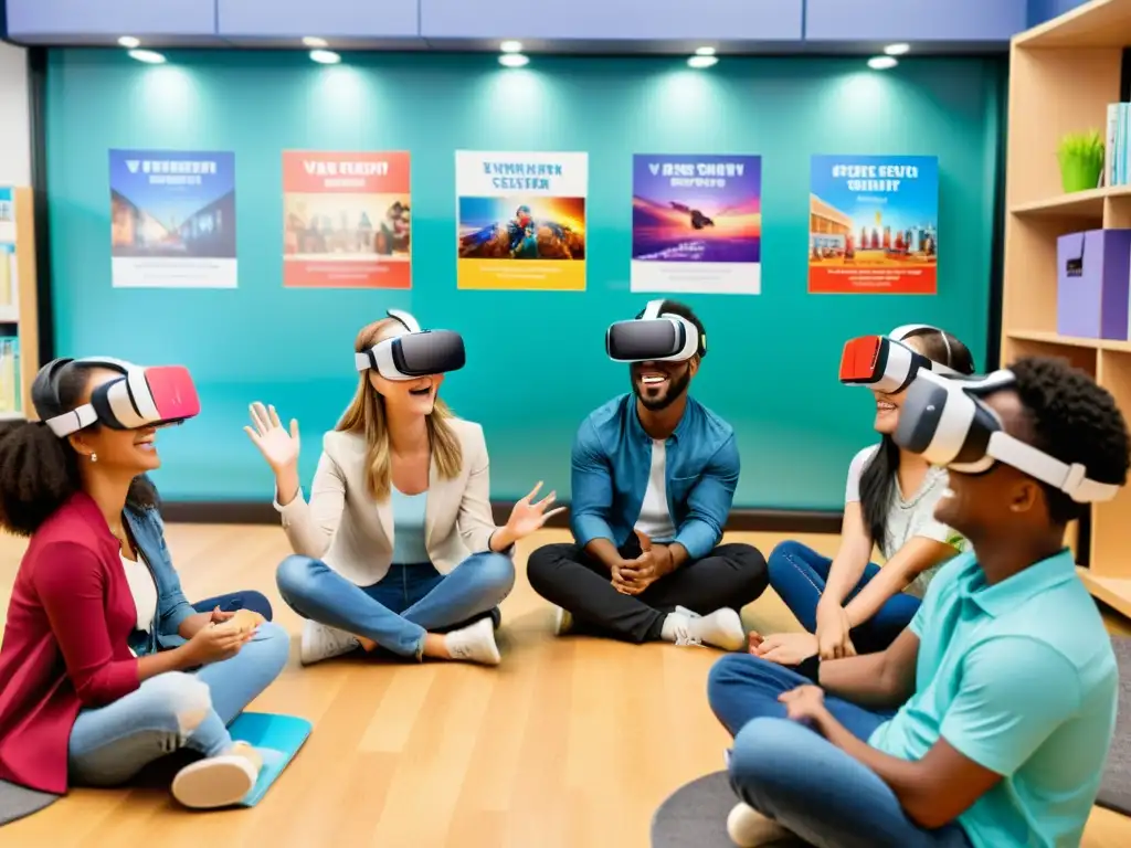 Estudiantes disfrutan de proyectos de RV en Instituciones Educativas, explorando el mundo virtual en un aula llena de color y entusiasmo