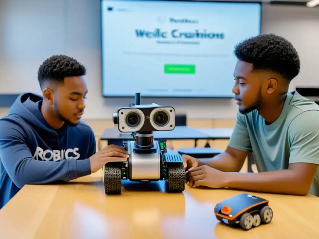 Estudiantes colaborando en proyectos de robótica en un aula moderna y luminosa