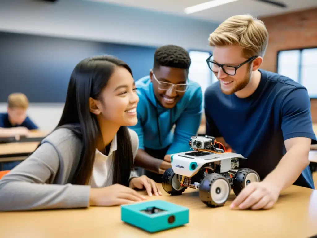 Estudiantes colaborando en proyectos de robótica en un aula moderna y bien iluminada, demostrando una enseñanza práctica y emocionante