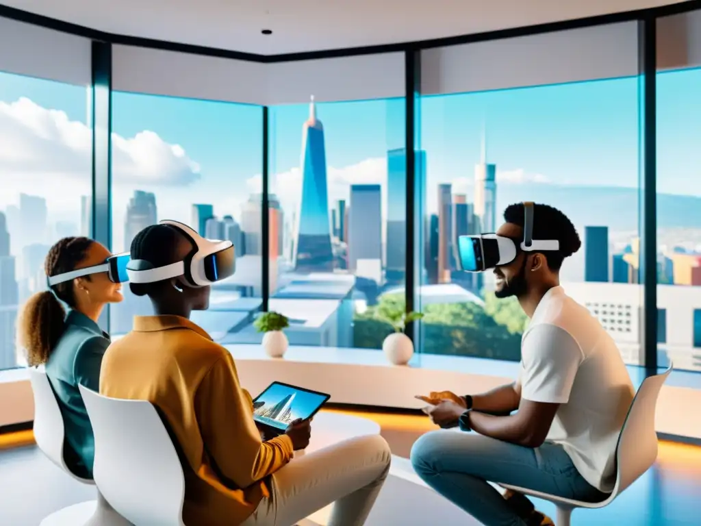 Estudiantes interactuando con Realidad Aumentada en aula virtual, con impacto en educación a distancia y vista futurista