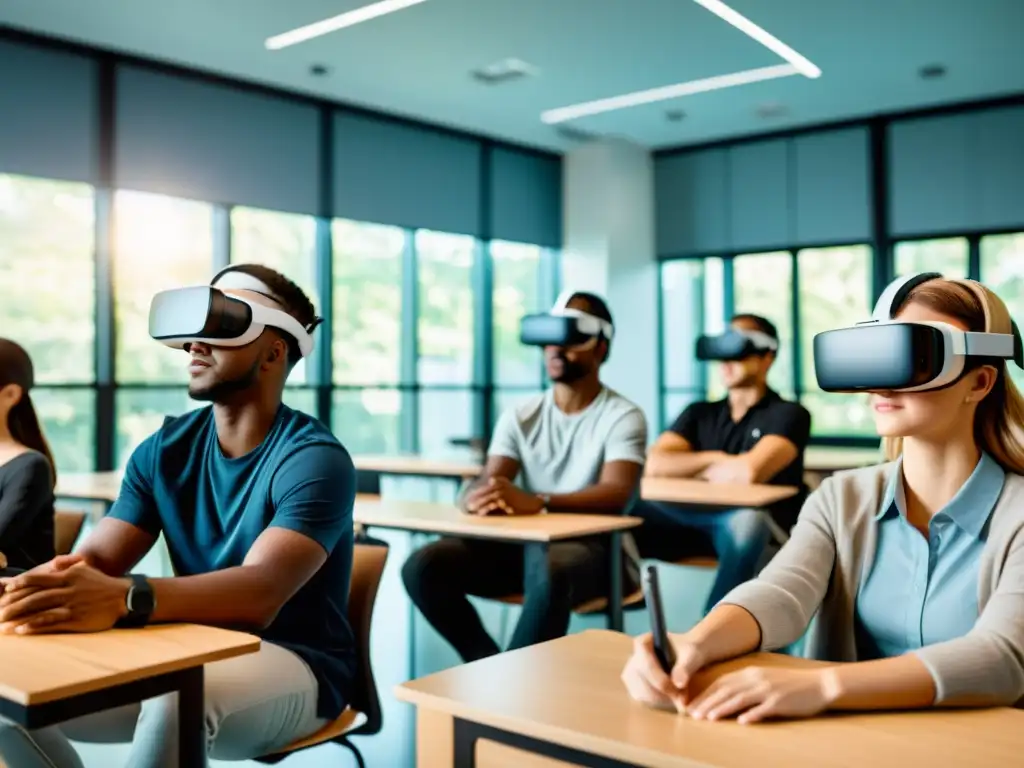 Estudiantes experimentando realidad virtual en educación con modernos VR headsets en aula iluminada por luz natural