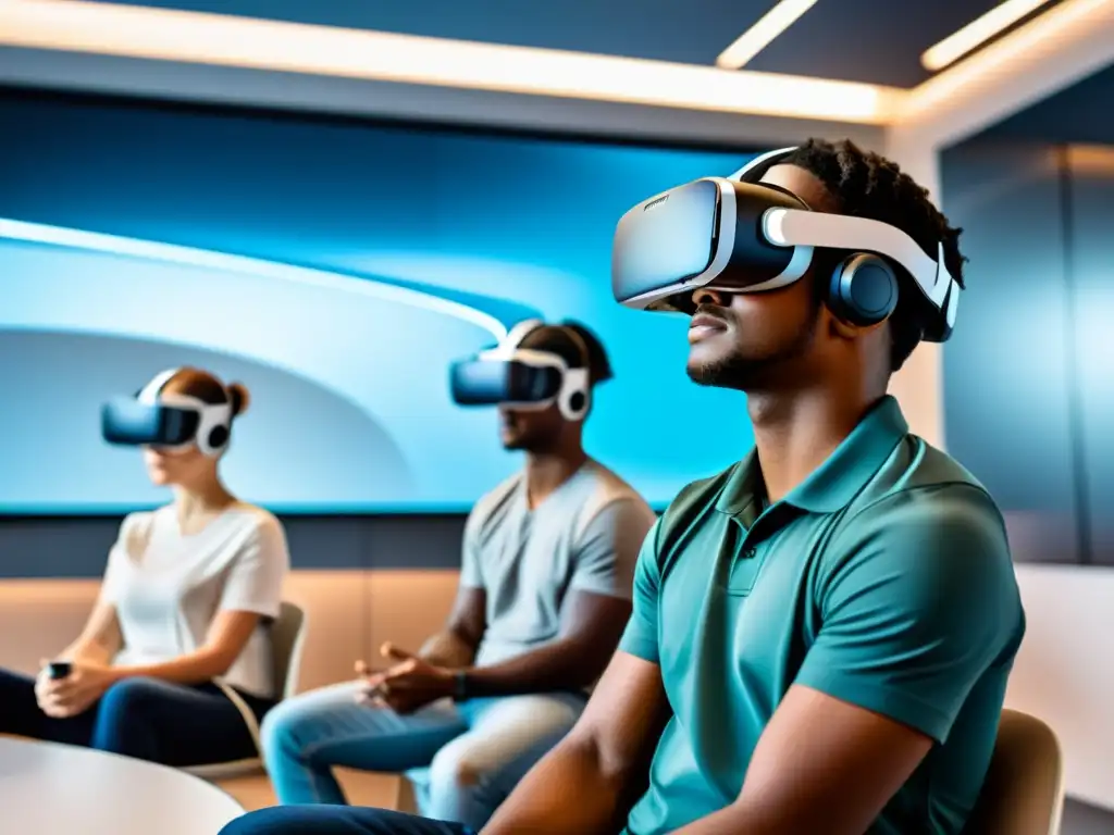 Estudiantes en simulación de Realidad Virtual para desarrollo habilidades socioemocionales en un aula futurista