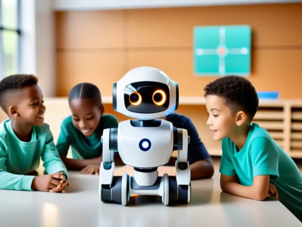 Estudiantes interactúan con un robot en un aula iluminada, creando un ambiente de robótica educativa en el aula