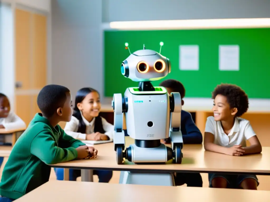 Estudiantes se enfocan en robot moderno en aula iluminada