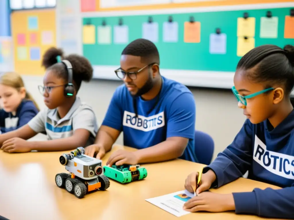 Apasionante aprendizaje en equipo de robótica Estudiantes integrando la robótica en educación, trabajando en equipo para programar y ensamblar robots en un aula luminosa y equipada