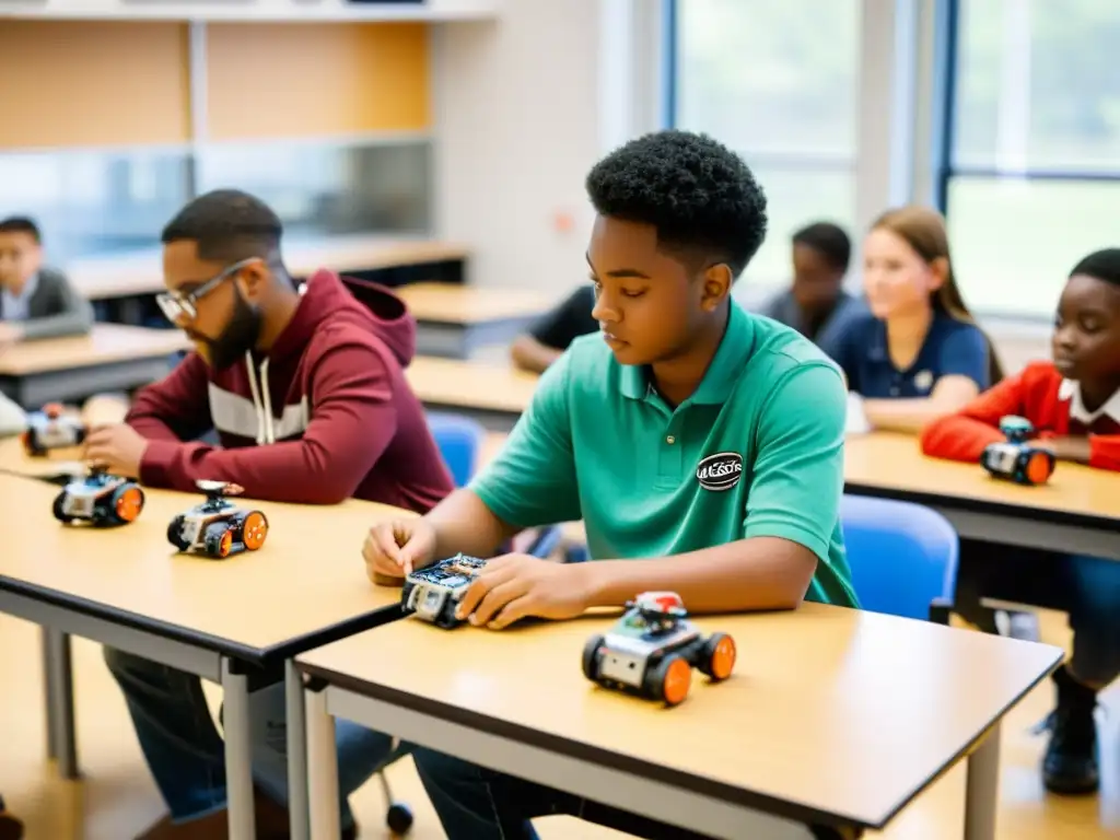 Estudiantes crean robots en aula con luz natural y kit de robótica educativa, fomentando el trabajo en equipo e innovación