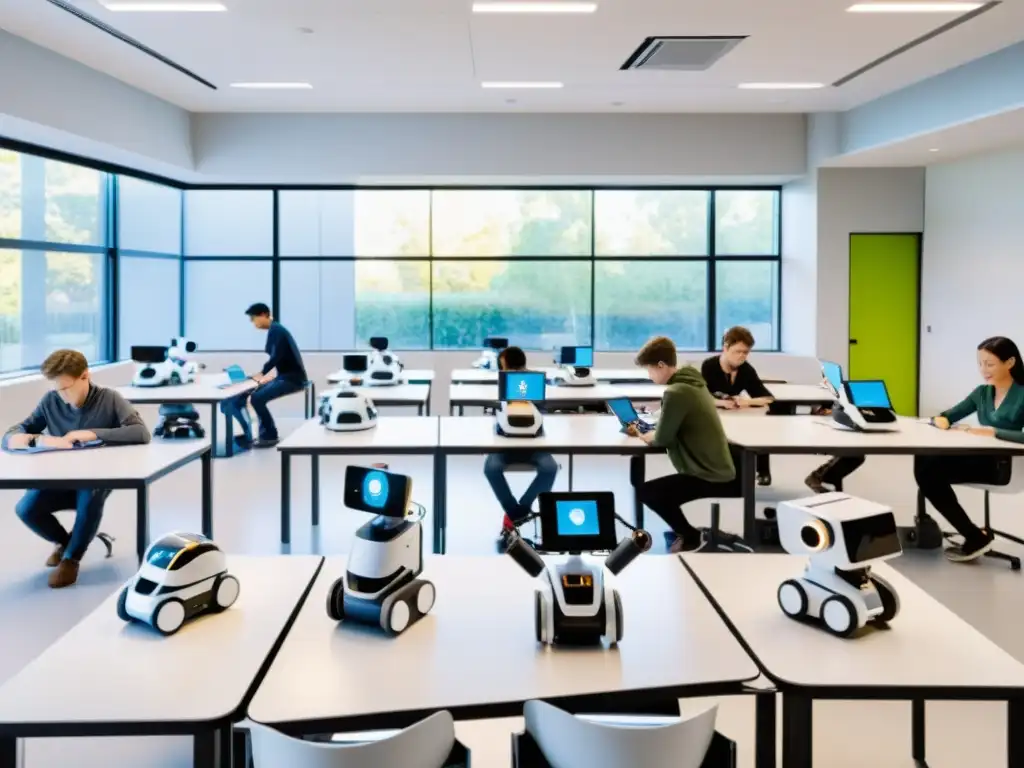 Estudiantes y robots colaboran en proyecto educativo de robótica colaborativa para educación tecnológica en aula moderna y futurista