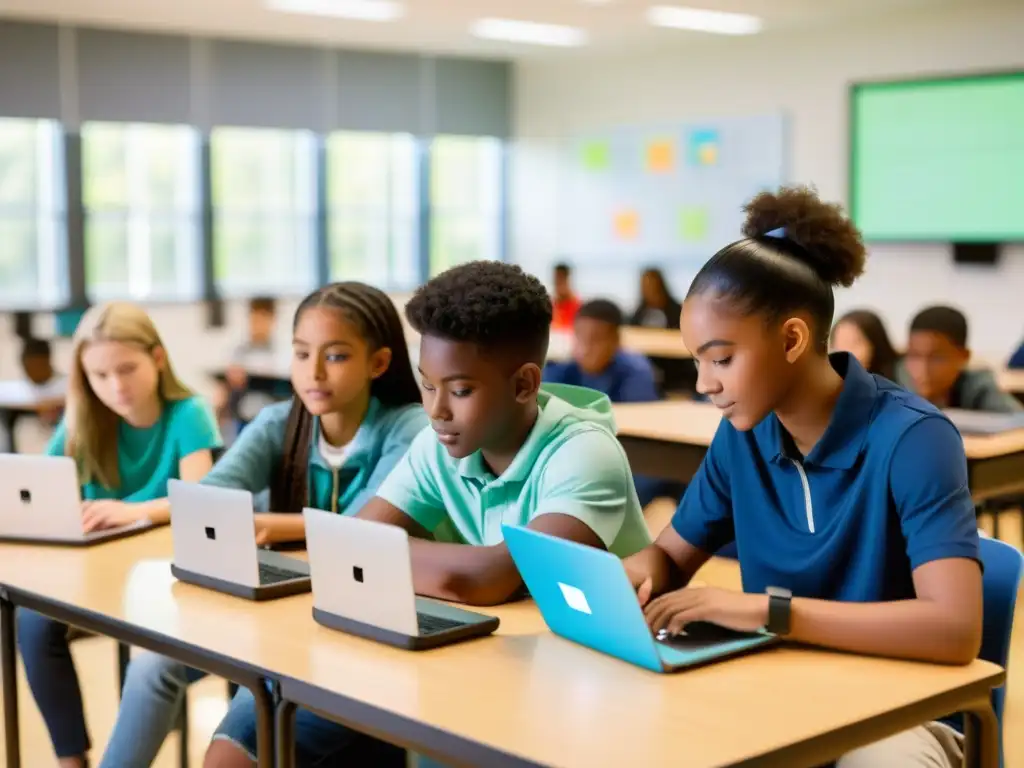 Programación de robots: Innovación y aprendizaje en equipo Estudiantes de secundaria programan un brazo robótico en un aula iluminada, creando un ambiente de aprendizaje dinámico y colaborativo