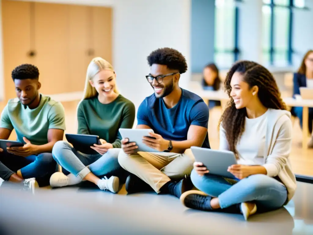 Estudiantes participan activamente con tecnología en aula moderna y luminosa