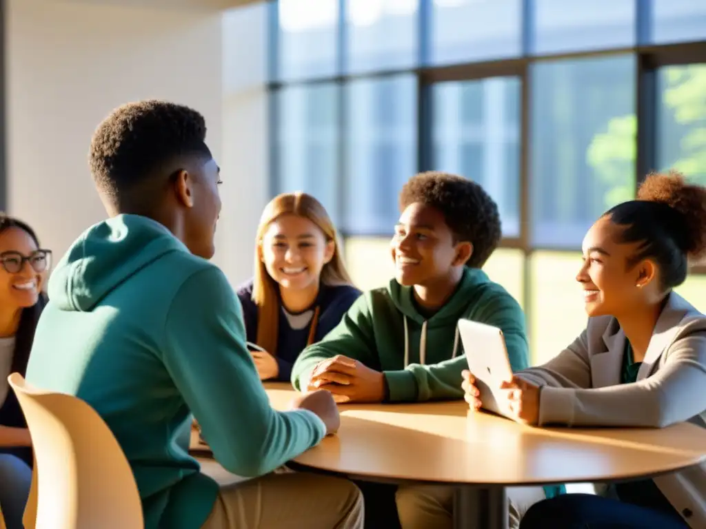 Estudiantes debaten sobre tecnología y educación, con torre 5G al fondo