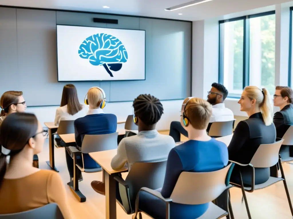 Estudiantes universitarios atentos en aula moderna, escuchando conferencia con auriculares EEG