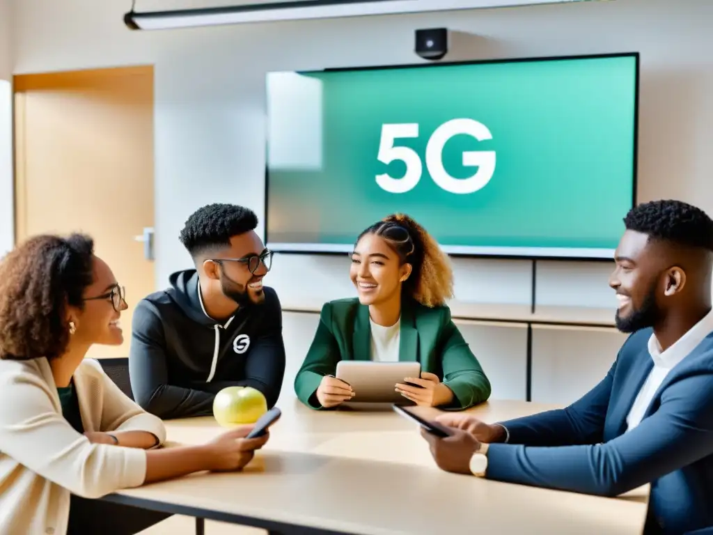 Estudiantes universitarios interactúan en moderno salón, con tecnología 5G