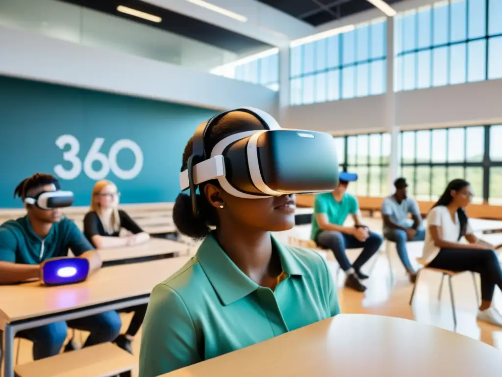 Estudiantes disfrutan Viajes de Realidad Virtual 360° en aula moderna y luminosa