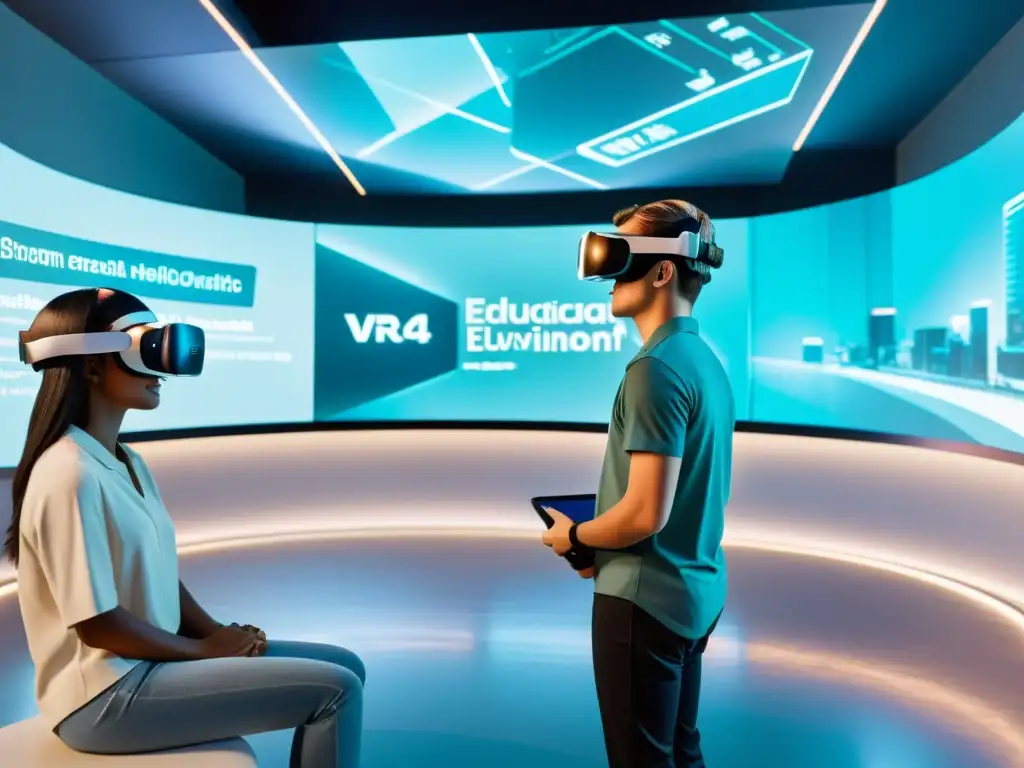 Estudiantes disfrutan de videojuegos educativos en realidad virtual en aula futurista con hologramas y tecnología innovadora