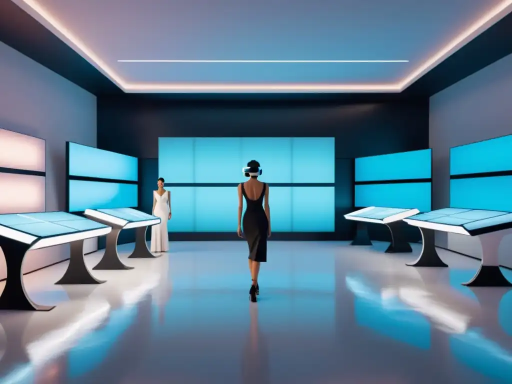 Un estudio de diseño de moda en realidad virtual con herramientas futuristas y una pasarela virtual detallada