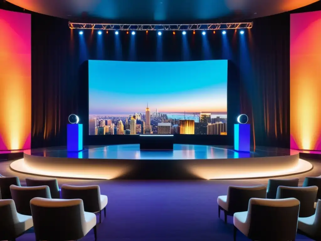Evento virtual con diseño moderno y sofisticado, escenario minimalista con fondo de luces urbanas