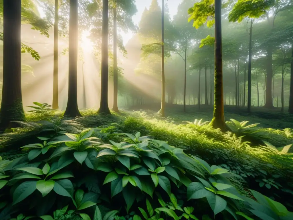 Experiencia de concienciación ambiental en realidad virtual en un exuberante bosque al amanecer, con luz dorada filtrada entre las hojas