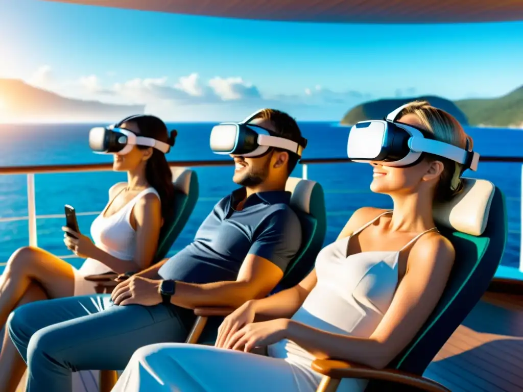 Experiencia de realidad virtual en cruceros: Pasajeros disfrutan simulaciones VR con vista al mar en un crucero de diseño clásico y moderno