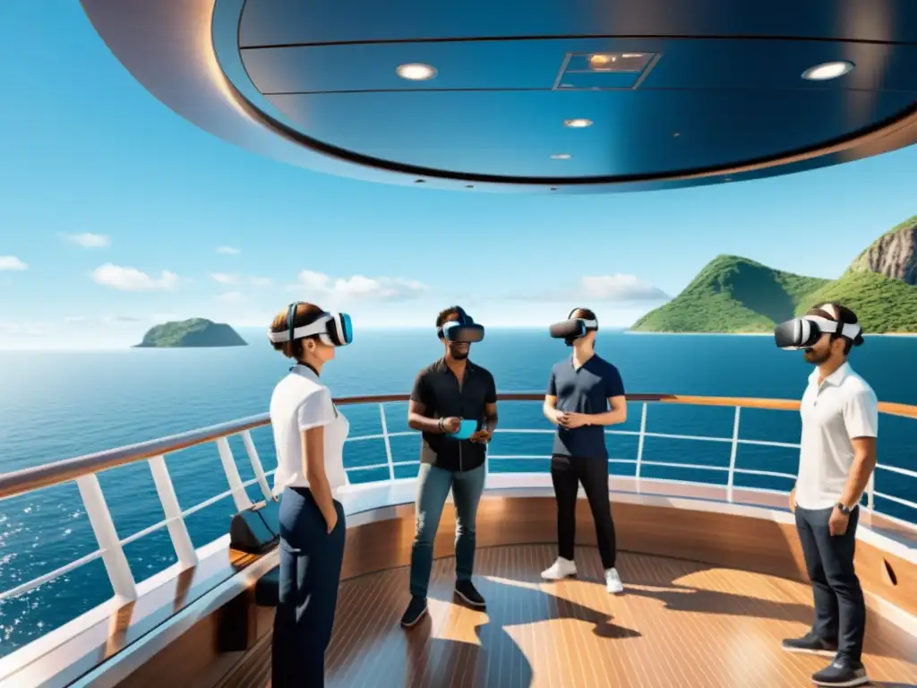 Experiencia de realidad virtual en cruceros: Pasajeros con auriculares VR en cubierta, disfrutando de un océano virtual realista y un cielo azul