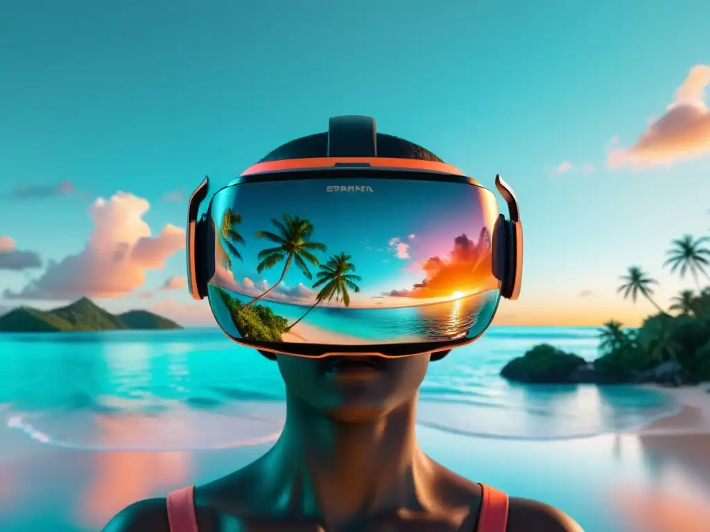 Experiencia de turismo virtual con realidad virtual: visor minimalista con paisaje tropical en 8k, aguas turquesas y atardecer vibrante