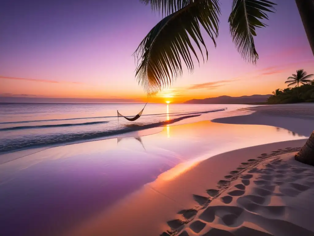 Experiencias de RV en destinos exóticos: Atardecer tranquilo en la playa, palmeras, cielo naranja, rosa y morado reflejados en el mar