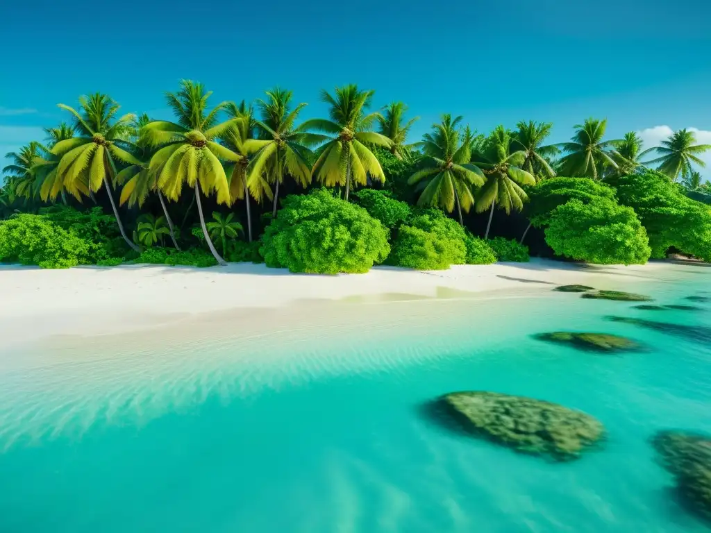 Experiencias de RV en destinos exóticos: Playa serena en Maldivas con agua turquesa, arena blanca y palmeras verdes