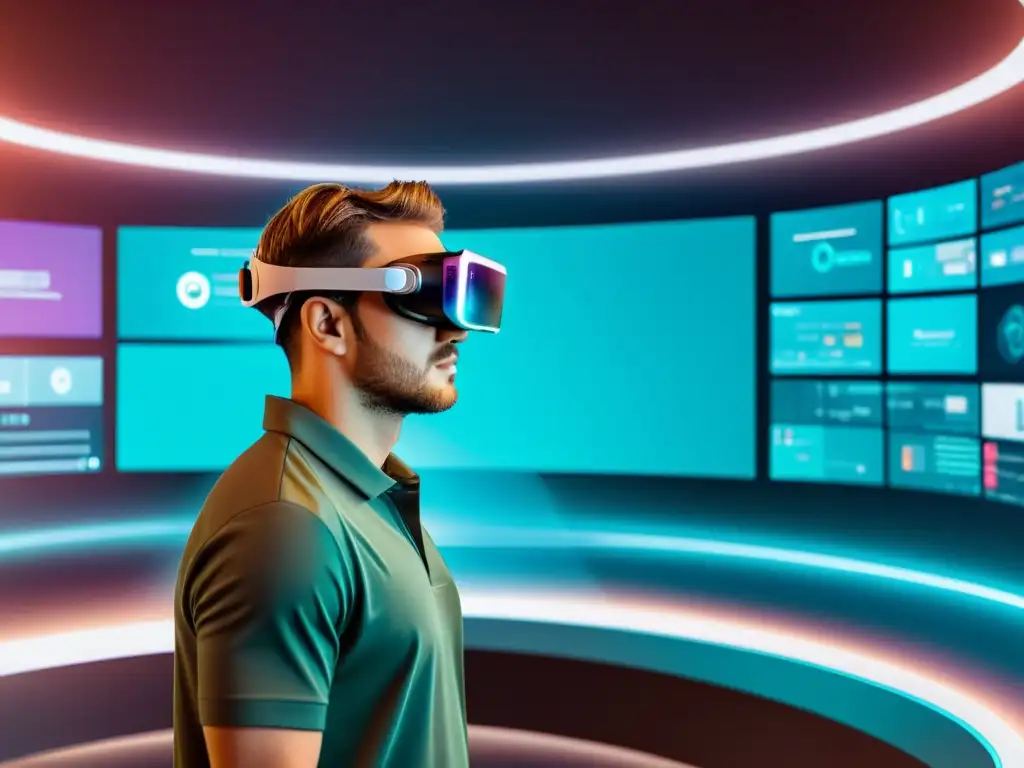 Un experto usando gafas de realidad aumentada manipula hologramas en un entorno futurista