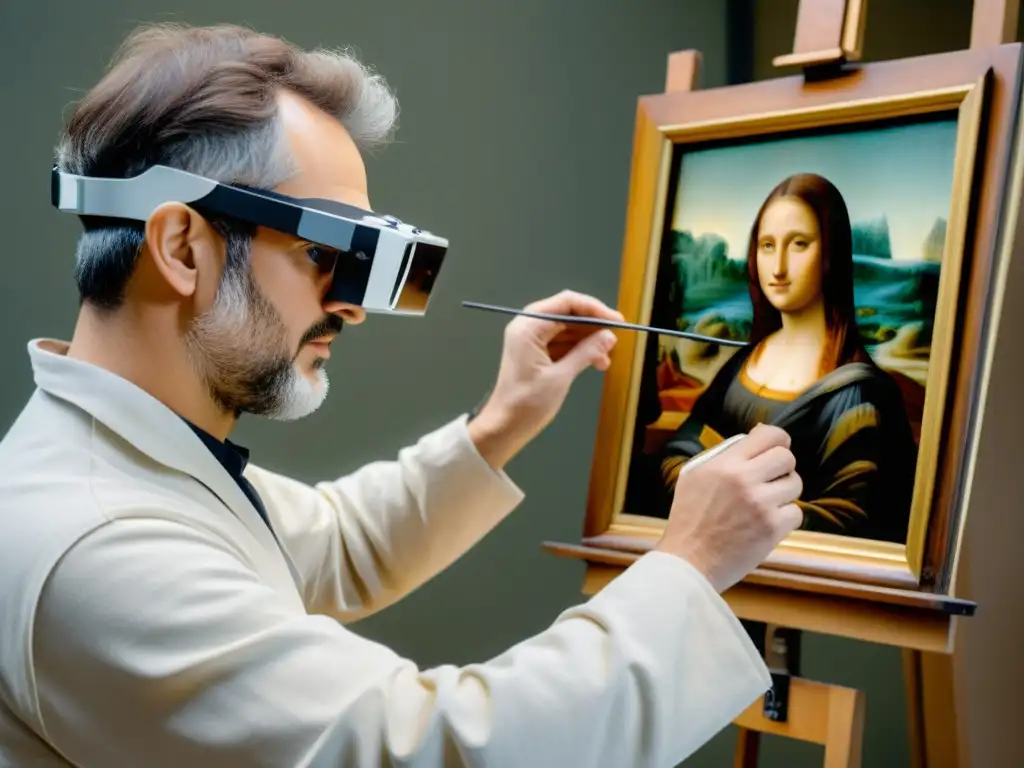 Un experto restaurador utiliza gafas de realidad aumentada para restaurar una pintura clásica, fusionando técnicas tradicionales y tecnología avanzada