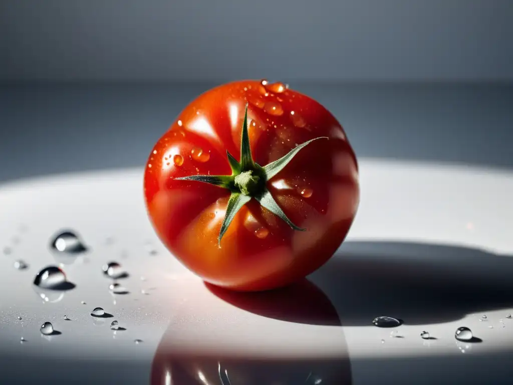 Una exquisita tomate rojo maduro sobre una encimera blanca, reflejando tecnologías emergentes para reducción desperdicio alimentario