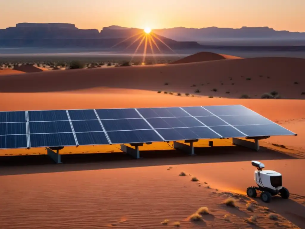 Un extenso campo de paneles solares en el desierto al atardecer, con un toque cálido anaranjado