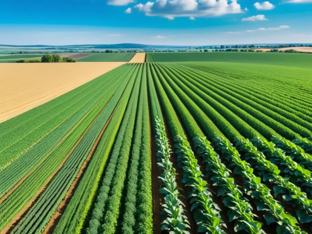 Un extenso campo verde con cultivos en filas se extiende bajo un cielo azul vibrante