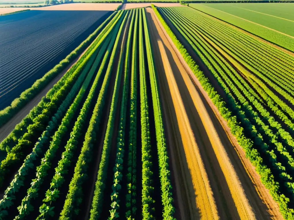 Un extenso y exuberante campo agrícola se extiende hasta el horizonte bajo un cielo azul claro