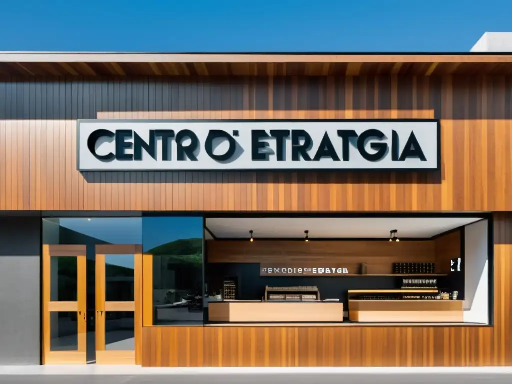 Exterior moderno y sofisticado del Centro de la Estrategia, con energía dinámica y visión estratégica en el entorno urbano