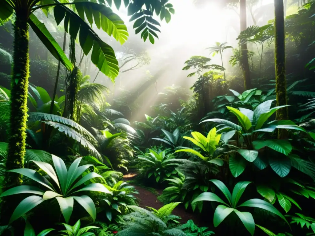 Exuberante bosque tropical, resplandeciente con luz solar