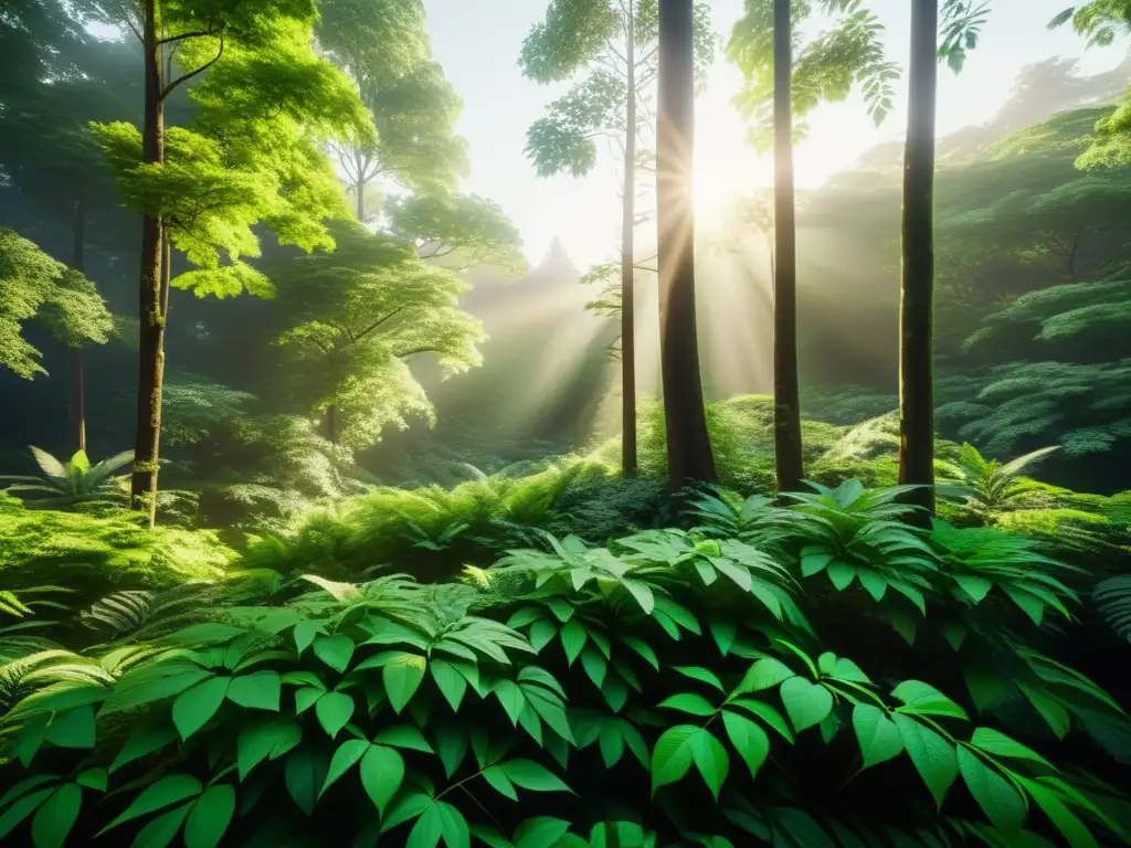 Un exuberante bosque vibrante, bañado por la luz del sol entre las hojas