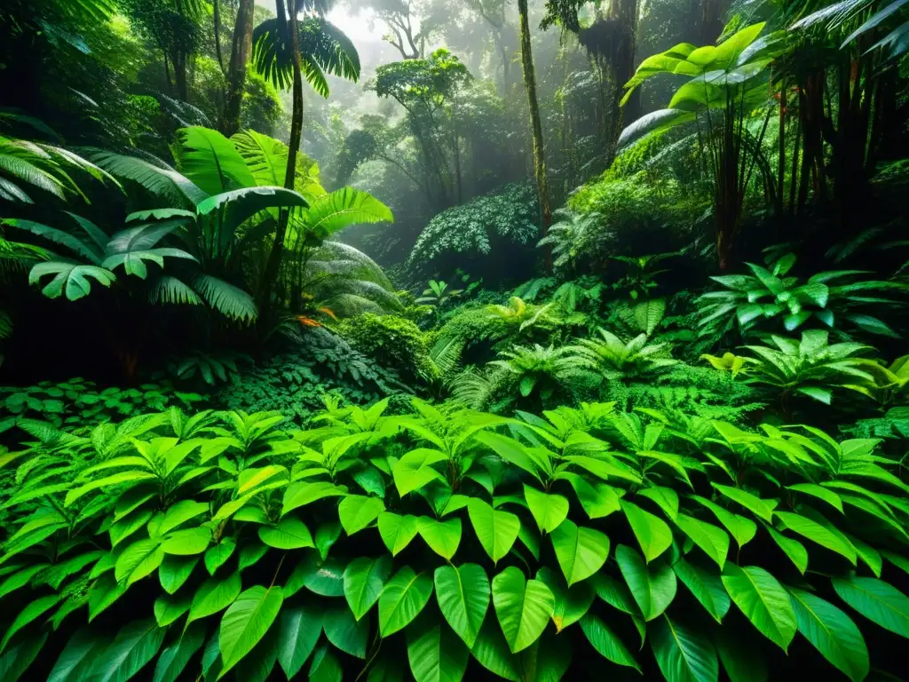 Un exuberante y denso bosque tropical, con una variedad de especies vegetales y animales visibles en la frondosidad