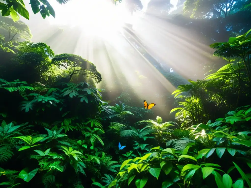 Un exuberante y detallado bosque lluvioso, resaltando la importancia de los algoritmos de IA para conservación ambiental