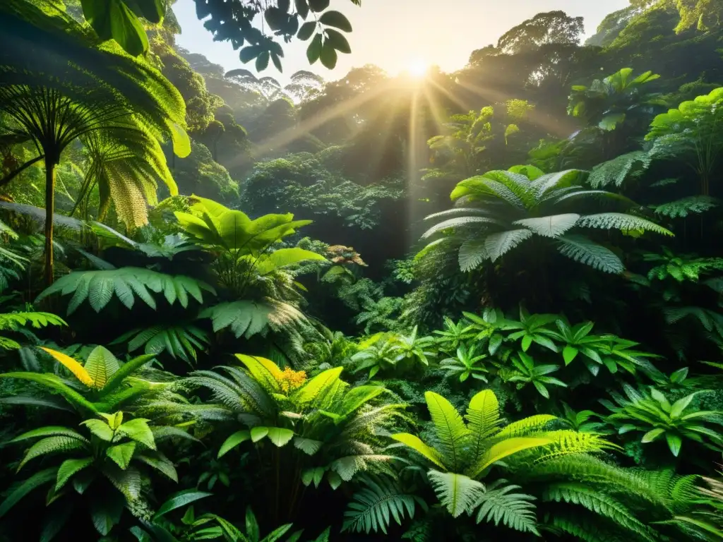 Un exuberante dosel de selva tropical con detalles intrincados, bañado por la suave luz dorada del sol matutino