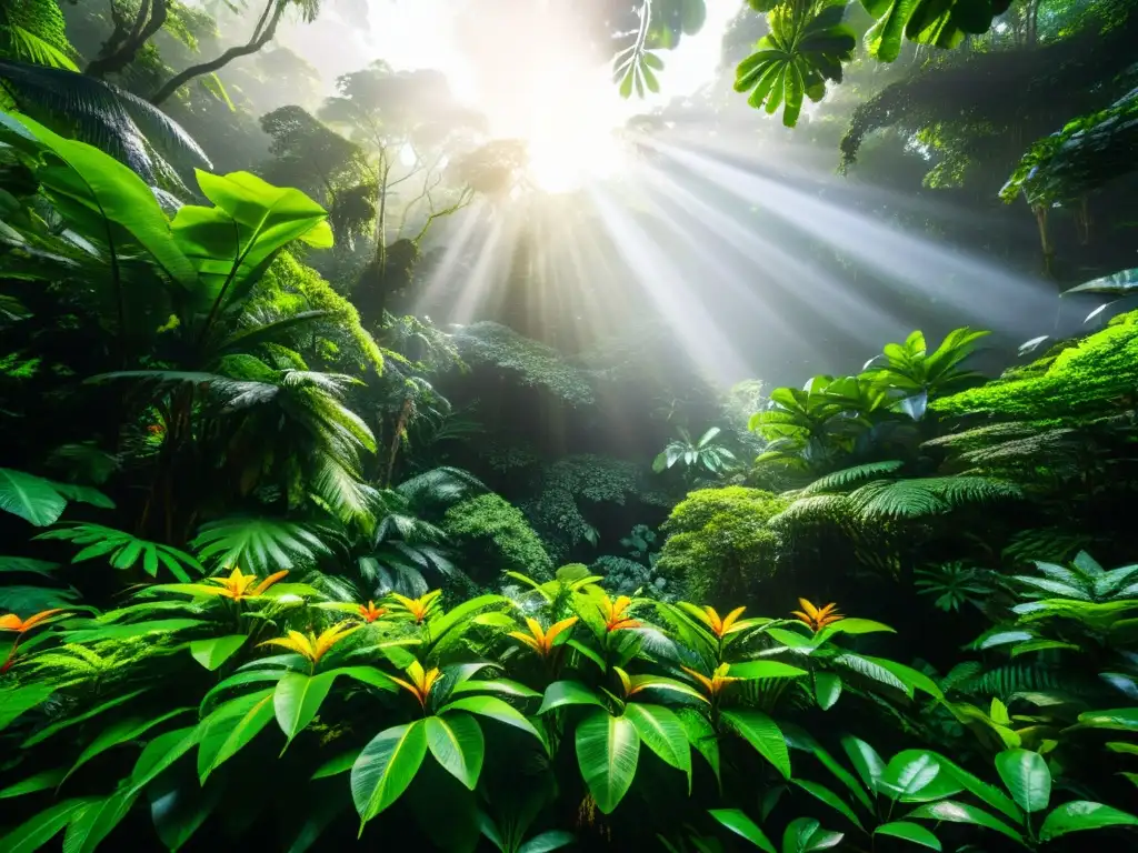 Una exuberante selva tropical con diversa flora y fauna, iluminada por el sol