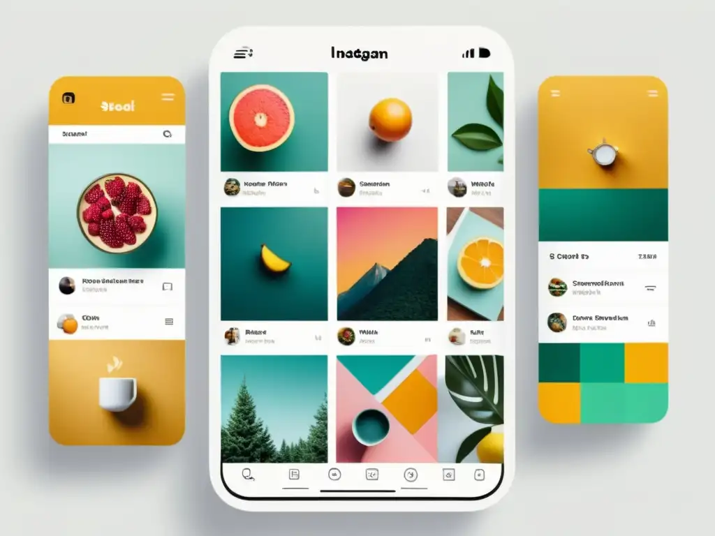 Un feed de Instagram minimalista y profesional con estrategias de marketing visual en Instagram, mostrando contenido vibrante y atractivo en un smartphone moderno