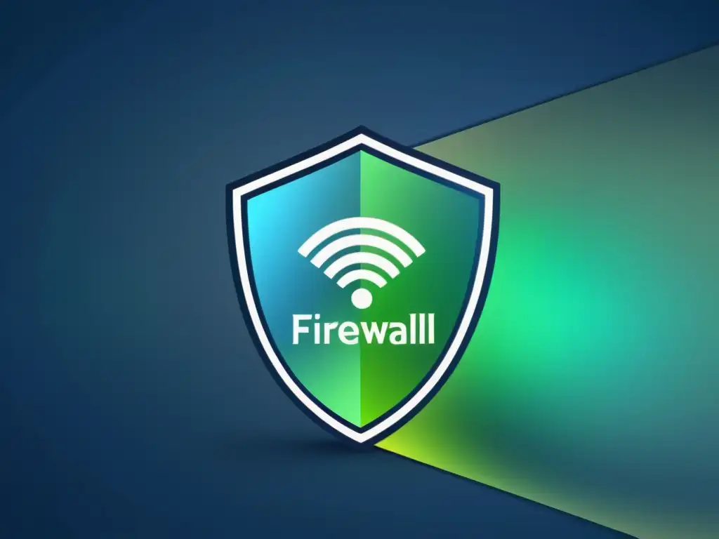 Un firewall y antivirus futuristas se destacan en paneles plateados con luces azules y verdes, transmitiendo seguridad y tecnología