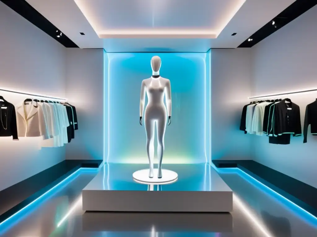 Un fitting room futurista con tecnología holográfica que muestra un atuendo virtual