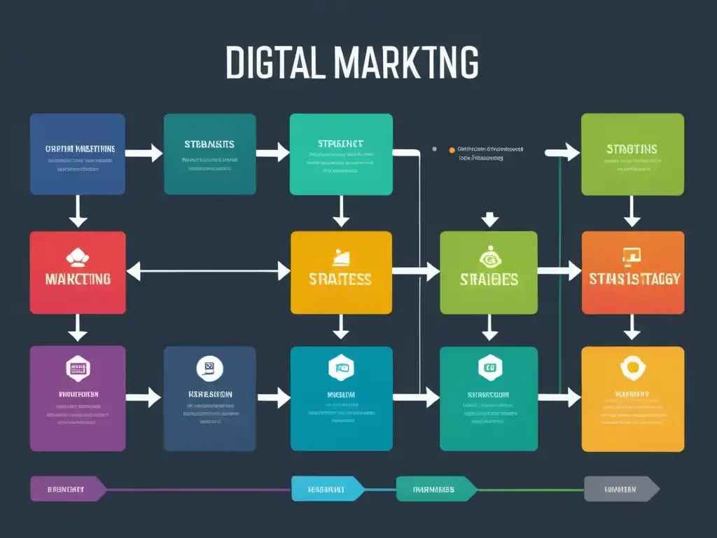 Flujo de estrategia de marketing digital para mejorar posicionamiento web con influencers: nodos modernos, colores vibrantes y sofisticación