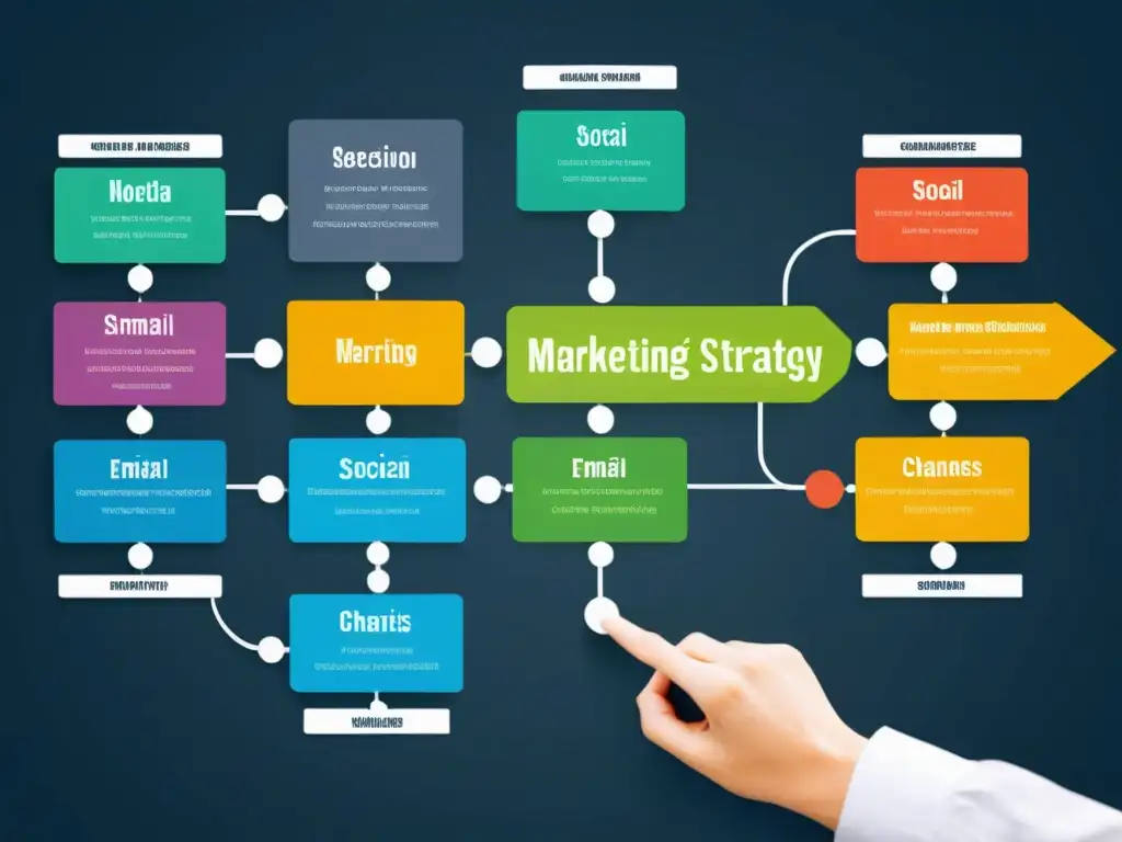 Flujo de estrategia de marketing digital con nodos de inteligencia de negocios, transmitiendo profesionalismo y precisión