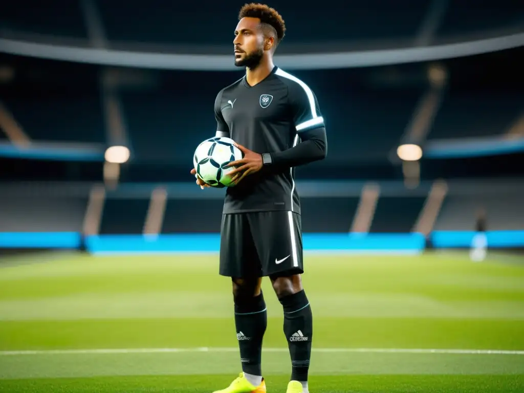 Un futbolista profesional con tecnología wearable futurista en un campo de entrenamiento de alta tecnología